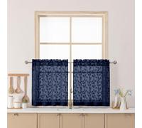 Chyhomenyc Navy Blue Sheer Curtains 24 Inch Length, Light Filtering Leaf Tufted Textured Small Window Kitchen Curtain Over Sink, Short Half Window Curtains for Bathroom Basement, 30" Wx24 L, 2 Panels