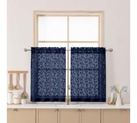 Chyhomenyc Navy Blue Sheer Curtains 30 Inch Length, Light Filtering Leaf Tufted Textured Small Window Kitchen Curtain Over Sink, Short Half Window Curtains for Bathroom Basement, 30" Wx30 L, 2 Panels