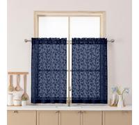 Chyhomenyc Navy Blue Sheer Curtains 36 Inch Length, Light Filtering Leaf Tufted Textured Small Window Kitchen Curtain Over Sink, Short Half Window Curtains for Bathroom Basement, 30" Wx36 L, 2 Panels