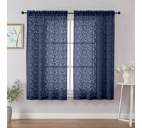 Chyhomenyc Navy Blue Sheer Curtains 54 Inch Length for Living Room 2 Panels Set, Light Filtering Tufted Textured Soft Airy Rod Pocket Leaf Window Treatment Drapes for Bedroom, 42" Wx54 L, 2PCS