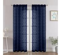 Chyhomenyc Navy Blue Sheer Curtains 72 Inches Long 2 Panels Set, Light Filtering Tufted Textured Soft Airy Rod Pocket Elegant Leaf Window Treatment Drapes for Bedroom Living Room, 42" Wx72 L, 2PCS
