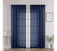 Chyhomenyc Navy Blue Sheer Curtains 84 Inch Length 2 Panels Set, Light Filtering Tufted Textured Soft Airy Rod Pocket Gentle Leaf Window Treatment Drapes for Bedroom Living Room, 52" Wx84 L, 2PCS