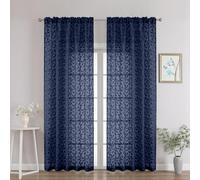 Chyhomenyc Navy Blue Sheer Curtains 90 Inch Length 2 Panels Set, Light Filtering Tufted Textured Soft Airy Rod Pocket Gentle Leaf Window Treatment Drapes for Bedroom Living Room, 52" Wx90 L, 2PCS