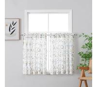 Chyhomenyc Roman Cafe Curtains 24 Inch Length, Linen Blend Textured Small Half Window Curtain, Leaf Floral Printed Light Filtering Short Curtains for Kitchen Bathroom, 28Wx24L inches, 2 Panels