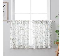 Chyhomenyc Roman Kitchen Curtains 24 Inch Length, Linen Blend Textured Small Half Window Drapes, Leaf Floral Printed Light Filtering Short Curtains for Bathroom Basement, 38Wx24L inch, 2PCS