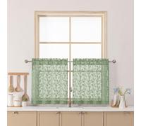 Chyhomenyc Sage Green Sheer Curtains 24 Inch Length, Light Filtering Leaf Tufted Textured Small Window Kitchen Curtain Over Sink, Short Half Window Curtains for Bathroom Basement, 30"Wx24"L, 2 Panels