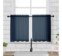 Chyhomenyc Sheer Curtains Tiers 42W x 24L Inches 2 Pieces, Light Filtering Small Curtains, Short Bathroom Living Room Cafe Basement Voile Window Curtain, Rod Pocket, Navy Blue