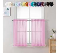 Chyhomenyc Sheer Pink Tier Curtains - 24 Inch Length, Small Window Treatment for Bathroom, Living Room, Basement - Short Rod Pocket Cafe Curtains, 42W x 24L Inches, 2 Panels
