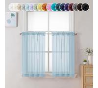 Chyhomenyc Sky Blue Sheer Curtains 36 inch Length 2 Panels, Light Filtering Voile Rod Pocket Short Window Curtians for Bathroom Living Room Farmhouse Small Windows, 42Wx36L inches