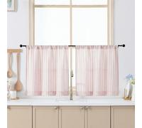 Chyhomenyc Striped Boho Kitchen Curtains 24 Inch Length - Light Filtering Faux Linen Half Window Cafe Curtains, Farmhouse Short Curtain Tiers for Bathroom RV Camper, 30Wx24L, 2 Pieces, Pink