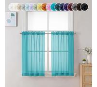 Chyhomenyc Turquoise Sheer Curtains 36 inch Length 2 Panels, Light Filtering Voile Rod Pocket Short Window Curtians for Bathroom Living Room Farmhouse Small Windows, 42Wx36L inches