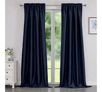 Chyhomenyc Uptown Navy Blue Faux Silk Curtains 96 Inch Length 2 Panels for Bedroom, Shiny Luxury Room Darkening Slub Textured Soft Fabric Rod Pocket Window Drapes, Each 40x96 Inches, 8 FT