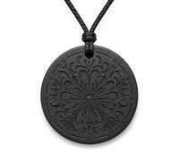 CHYIFSHIYM Black Pendant Necklace, Round Floral Geometric Pattern Pendant with Braided Cord, Matte Black Spiritual Style Jewelry for Daily Wear, Meditation and Gift