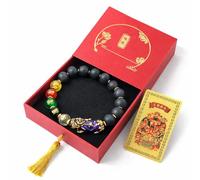 CHYIFSHIYM Feng Shui Style Black Bead Bracelet with Pi Xiu Charm, Five Fortune Beads, Shungite-Style Matte Beaded Stretch Bracelet, Decorative Jewelry Gift Set with Red Box and Five Wealth Gods Card