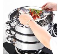 Chynalys 1 Set 3-Tier Stainless Steel Steamer Multi-Cooker Food Steamer Large Size Cooking Pot Cookware Food Steamer Pot with Glass Lid for Use on Gas, Electric, Induction and Stoves (Silver)