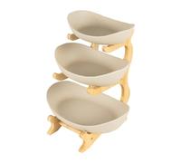 Chynalys 3 Tiered Ceramic Large Fruit Bowl, Fruit Baskets for Kitchens with Natural Wooden Bamboo Stand Tiered Fruit Bowl White Fruit Bowl for Fruit, Veg, Snacks, Dessert (Brown, Earthy Color)