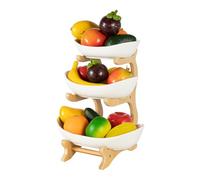 Chynalys 3 Tiered Ceramic Large Fruit Bowl With Natural Wooden Bamboo Stand - White Basket for Kitchen, Fruits, Vegetables, Snacks, Desserts