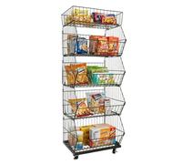 Chynalys 5-Tier Retail Display Stand Freestanding Metal Shelving Unit with Wheels, Crisp Storage & Snack Organiser, Market Stall Display for Snacks, Sweet, Fruit and Candy (Black)