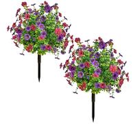 ChYoung 2 Pack Artificial Boxwood Topiary Ball Tree with Flower Fake Plant with Ground Spike 24 Inches Faux Topiaries Houseplants Fake Decorative Greenery Plants (2, Red&Purple)