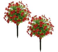ChYoung 2 Pack Artificial Boxwood Topiary Ball Tree with Flower Fake Plant with Ground Spike 24 Inches Faux Topiaries Houseplants Fake Decorative Greenery Plants (2, Red)