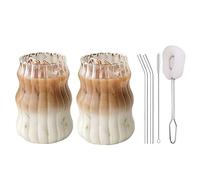 ChYoung Ribbed Ripple Ice Coffee Cup Drinking Glasses Tumblers Latte Cup Glasses Dishwasher Safe Glass Cup Heat and Cold Resistant Glasses for Tea, Milk, Whisky (530ml(2pcs)+Brush/Straw)