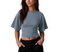 CHYRII Womens Summer Tops Lyocell Striped Batwing Short Sleeve T Shirts, Navy+sky Blue, M