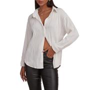 CHYRII Women's Textured Button Down Long Sleeve Shirts Casual Work Office Blouse Tops, White, L