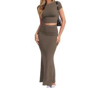 CHYRII Womens Two Piece Sets Short Sleeve Crewneck Cropped Top Bodycon Fold Over Maxi Skirt Maxi Dress Outfits, Brown, XS