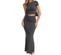 CHYRII Womens Two Piece Sets Short Sleeve Crewneck Cropped Top Bodycon Fold Over Maxi Skirt Maxi Dress Outfits, Dark Grey, XL