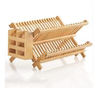 CHZIMADE Bamboo Dish Rack Dish Drainer 2 Tier Drying Rack with Cup Holder Plate Organiser for Kitchen Storage Stand for Bowls