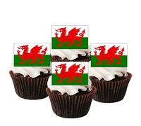 Cian's Cupcake Toppers Ltd 24 Welsh Flag Cupcake Toppers, Edible Welsh Dragon Cupcake Decorations, St Davids Day & Rugby Occasion, Vibrant Red, Yellow, Green Dragon & Flag Designs