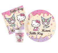 Ciao AZ094 Hello Kitty & Kuromi Party Table Kit People (88 Pieces Plates Ø23 cm, 24 Glasses 200 ml, 40 Napkins 33 x 33 cm), Pink, Purple, Beige