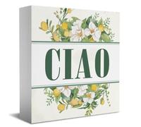 Ciao Sign Italian Hello Welcome Sign Desk Decor Wooden Box Sign Watercolor Hand Drawn Flower Rustic Wood Block Plaque Box Sign for Home Farmhouse Office Kitchen Bathroom Shelf Table Decoration