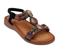 CIARA LONDON Ladies Black Casual Flat Summer Elastic Soft Insole Sandals with Beaded & Braided Straps, UK 8