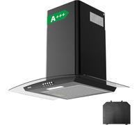 CIARRA 60cm Cooker Hood 650 m³/h Curved Glass Chimney Hood Black with 3 Speed Recirculating Ducting Kitchen Ventilation Extractor CBCB6506B