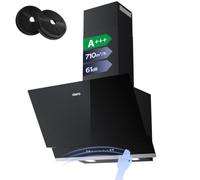 CIARRA CBCB6736A Angled Cooker Hood 60cm 650 m³/h with CBCF003 Carbon Filter Recirculating & Ducting LED Lights Black Painting&Black Glass Wall Mounted Touch Control Extractor Fan Kitchen