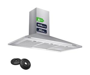 CIARRA CBCS9201 60cm Chimney Cooker Hood, 406m³/h, Class Wall Mounted | Carbon Filters Included, Recirculating or Ducting Extractor Fan Kitchen, Push Button Control, Silver, Low Noise, LED Light
