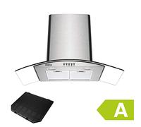 CIARRA Wall Mounted Cooker Hood 90cm CBCS9506B 650 m³/h Curved Glass Chimney Hood with 3 Speed Recirculating Ducting Kitchen Ventilation Extractor Fan with Carbon Filter-Stainless Steel
