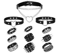 CIATBYYJ 12Pcs Spiked Choker & Studded Bracelet Set - 3 Leather Choker and 9 Emo Bracelets, Black Punk Rock Accessories for Women Men, 80s Rock Goth Accessories for Halloween Cosplay Night Club Party