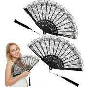 CIATBYYJ 2Pcs Fabric Folding Handheld Fans, Vintage Foldable Lace Fan for Women, Floral Embroidery Hand Fan with Gold Glitter & Tassels, Perfect for Weddings, Parties, Cosplay and Dancing