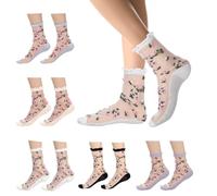 CIATBYYJ 5 Pairs Sheer Socks with Floral Ruffle, Summer Transparent Cool Mesh Crew Socks for Women Girls, Thin Lace Elastic Nylon Sock for Breathable and Comfortable