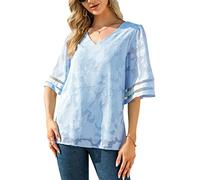 CIBTYHOH Women's V Neck Mesh Panel Blouse 3/4 Sleeve Loose Fit Top Shirt Blouses Blue