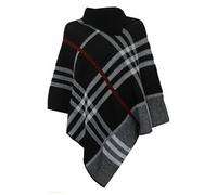 CICAY Womens Check Printed Poncho Ladies Stretch Knitted Collared Cape Wrap Shawl Jumper Poncho Top (UK, Alpha, One Size, Regular, Regular, Black)