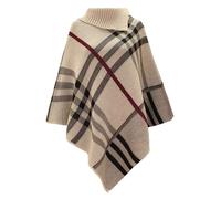 CICAY Womens Check Printed Poncho Ladies Stretch Knitted Collared Cape Wrap Shawl Jumper Poncho Top (UK, Alpha, One Size, Regular, Regular, Stone)