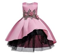 Cichic Flower Girls Dress Elegant Frock Satin Formal Dress Round Neck Sleeveless Asymmetrical Wedding Bridesmaid Prom Gown Puffy Tulle Pageant Party Dresses for Kids Pink 9-10 Years