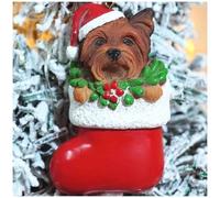 Cici & Jimmy Puppy Yorkshire Terrier Dog in Christmas Sock with Poinsettia for Holiday Decoration Gifts