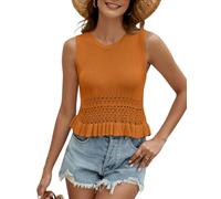 CiCiBird Women Cute Crop Sweaters Vest Knit Sleeveless Pullover Tops Crochet Ruffle Hem Tank, Ochere, Small