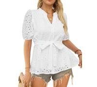 CiCiBird Women Dressy Button Blouses Puff Short Sleeve Tops Elegant Peplum Tie Front Shirt Eyelet Lace Embroidered Top, A White, XL