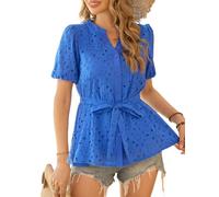CiCiBird Women Dressy Button Blouses Puff Short Sleeve Tops Elegant Peplum Tie Front Shirt Eyelet Lace Embroidered Top, Royalblue, L