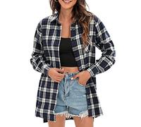 ciciglow New Chic Plaid Tartan Shirt Button Closure Baggy Blouse Tee Shirt for Women Long Sleeve Comfortable Casual Style Dark Blue XL (5X-Large)